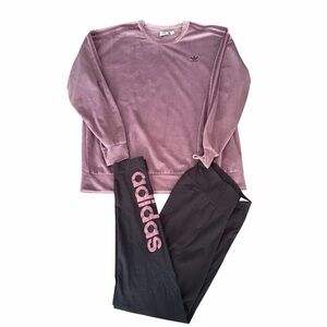 Adidas Set Black Leggings with Pink Logo & Mauve Velvet Long Sleeve Top